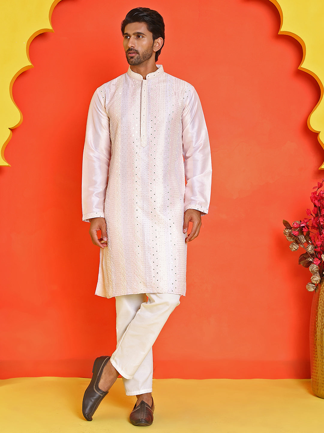 Embroidered and mirror work straight Kurta Set For Men ( JOKP P 5231 Peach )