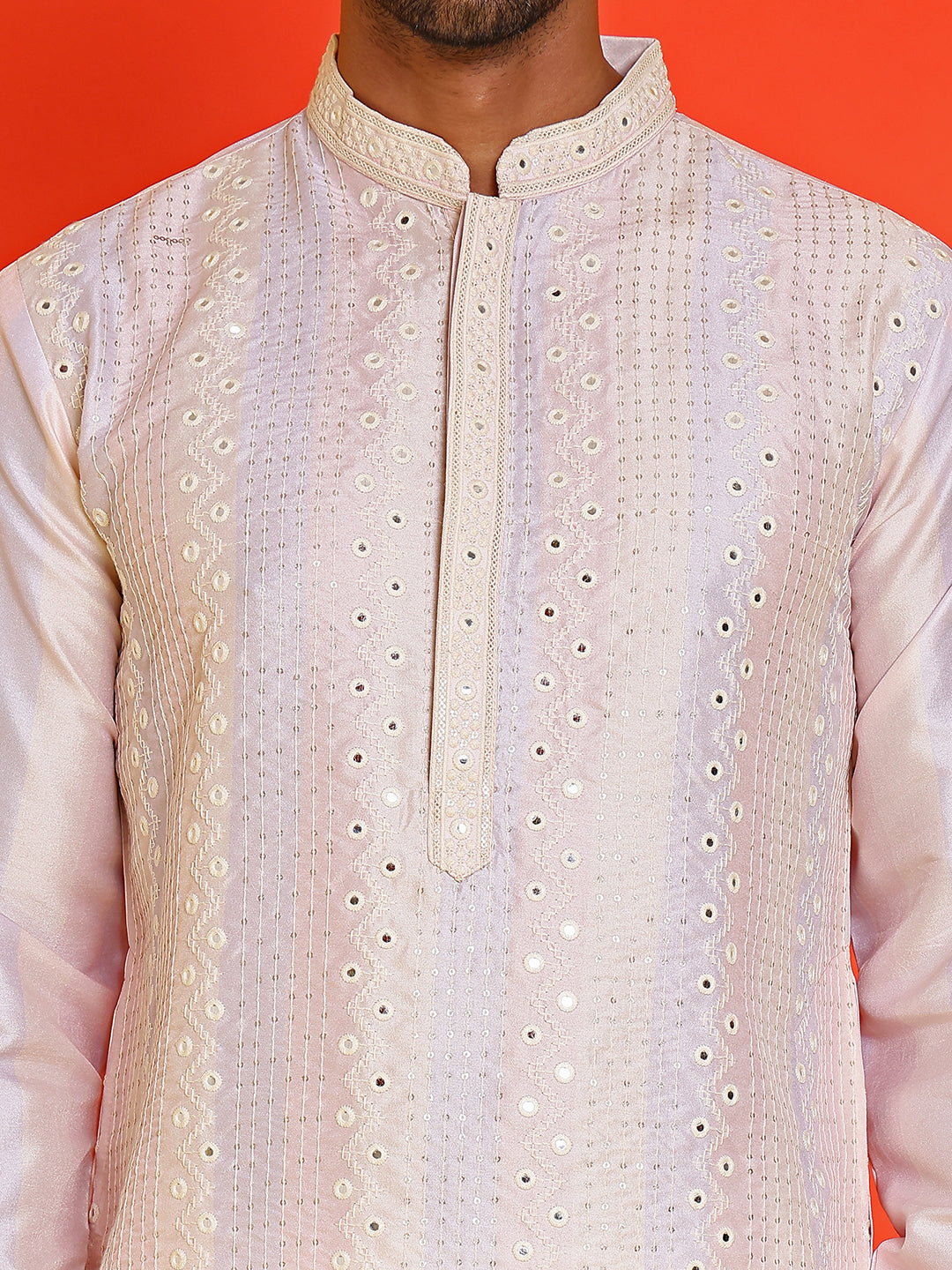 Embroidered and mirror work straight Kurta Set For Men ( JOKP P 5231 Peach )