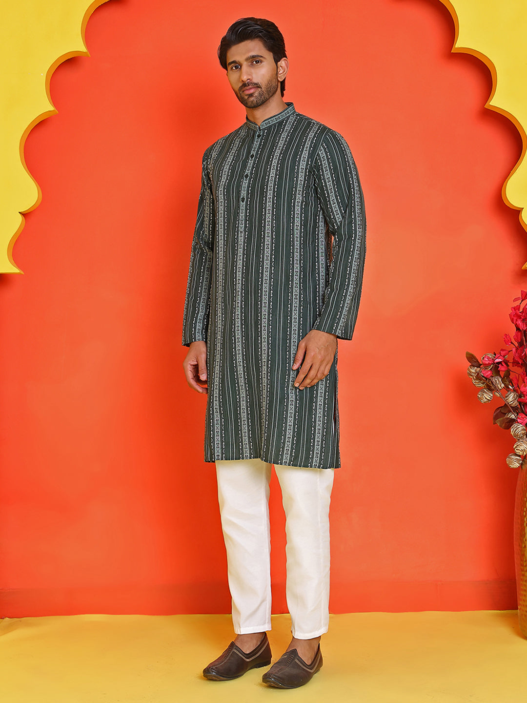 Self Design Cotton Straight Kurta Set ( JOKP P 5232 Olive )