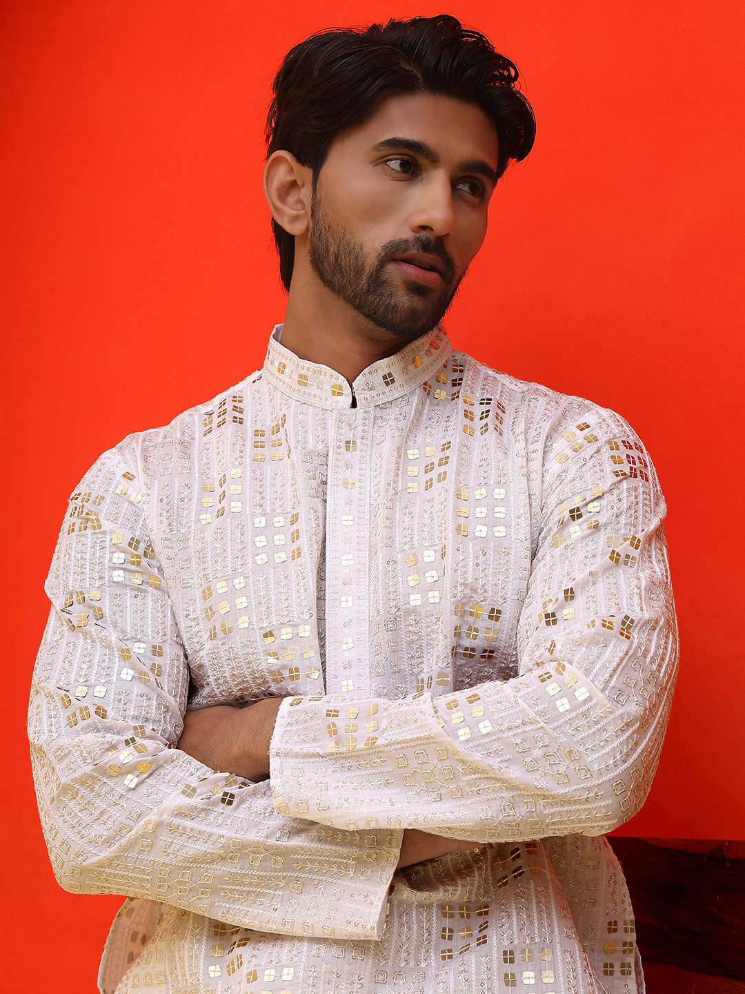 Embroidered & Sequins Kurta Pyjama ( JOKP P 5233 White )