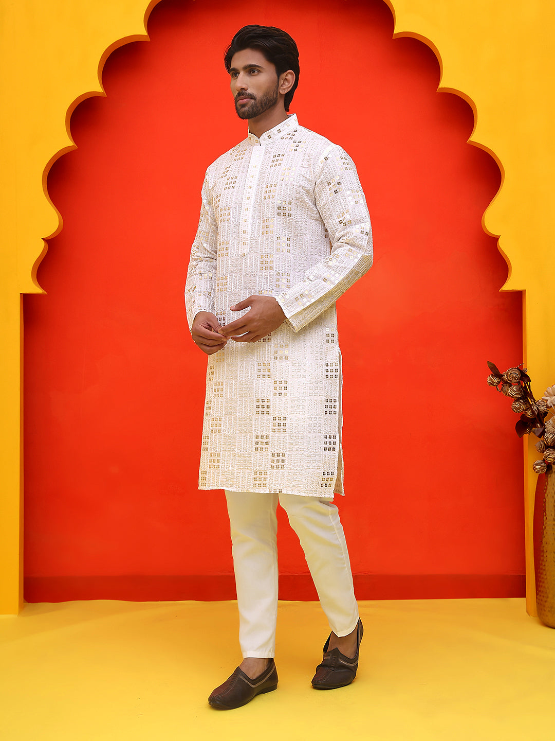 Embroidered & Sequins Kurta Pyjama ( JOKP P 5233 White )
