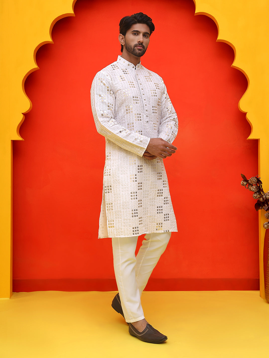 Embroidered & Sequins Kurta Pyjama ( JOKP P 5233 White )