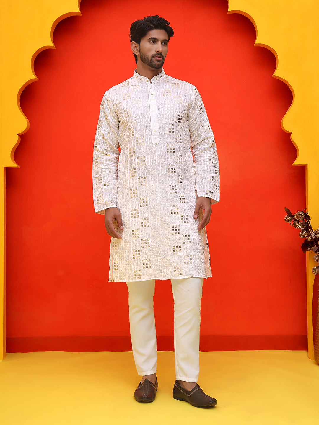 Embroidered & Sequins Kurta Pyjama ( JOKP P 5233 White )