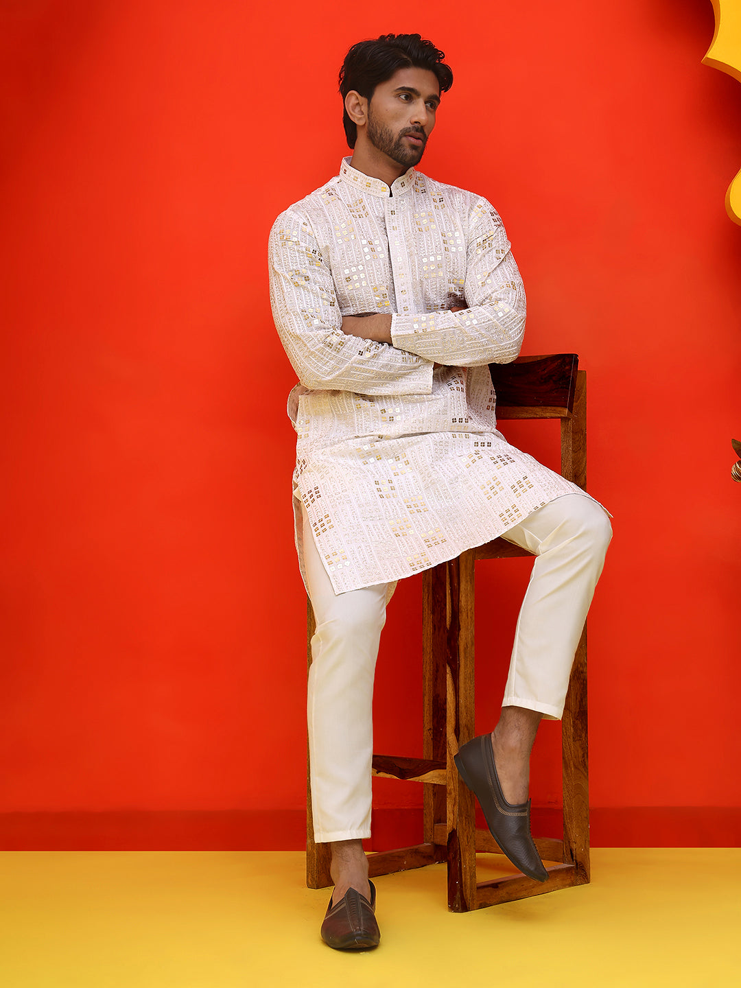 Embroidered & Sequins Kurta Pyjama ( JOKP P 5233 White )