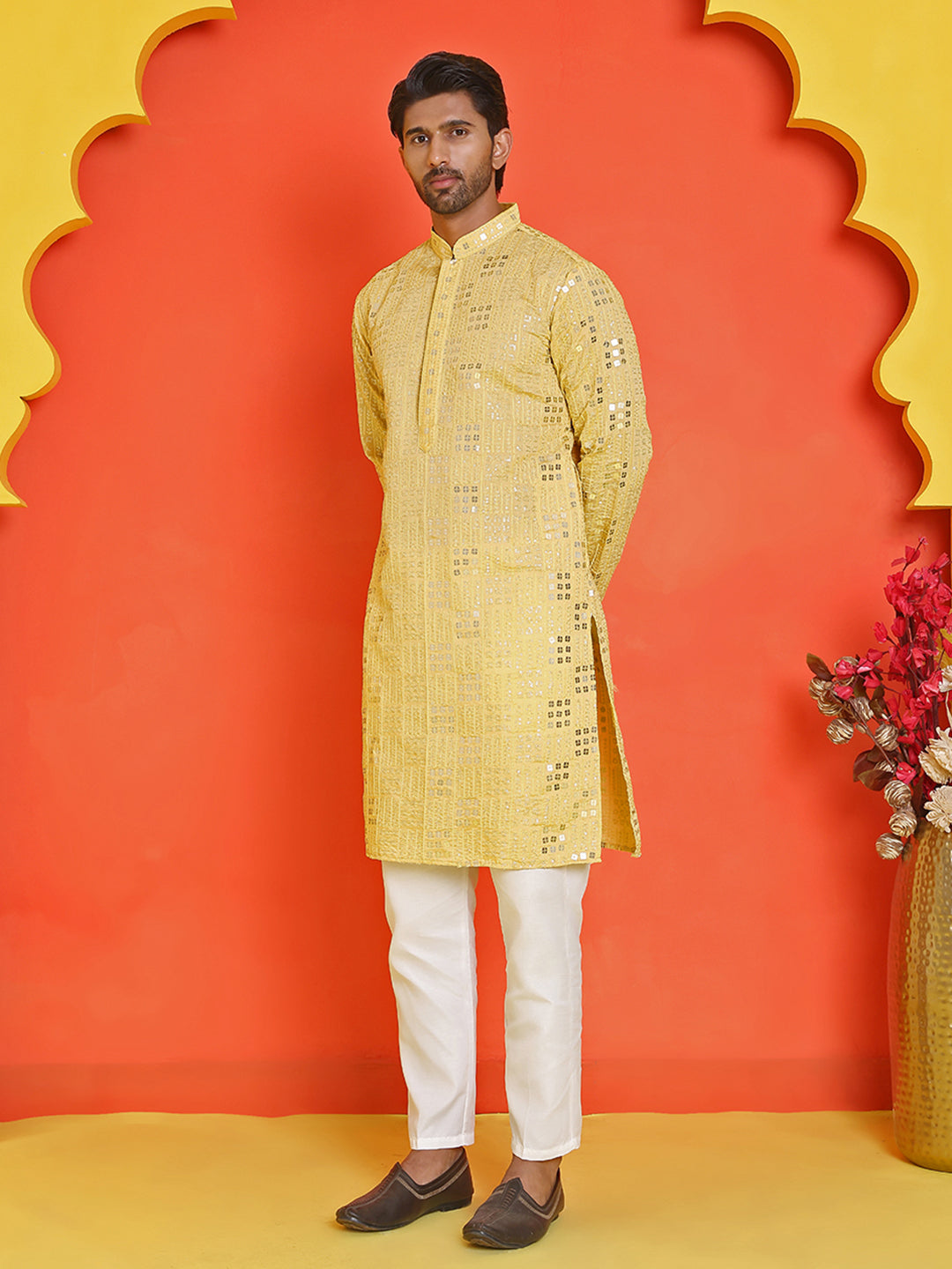 Embroidered & Sequins Kurta Pyjama ( JOKP P 5233 Yellow )