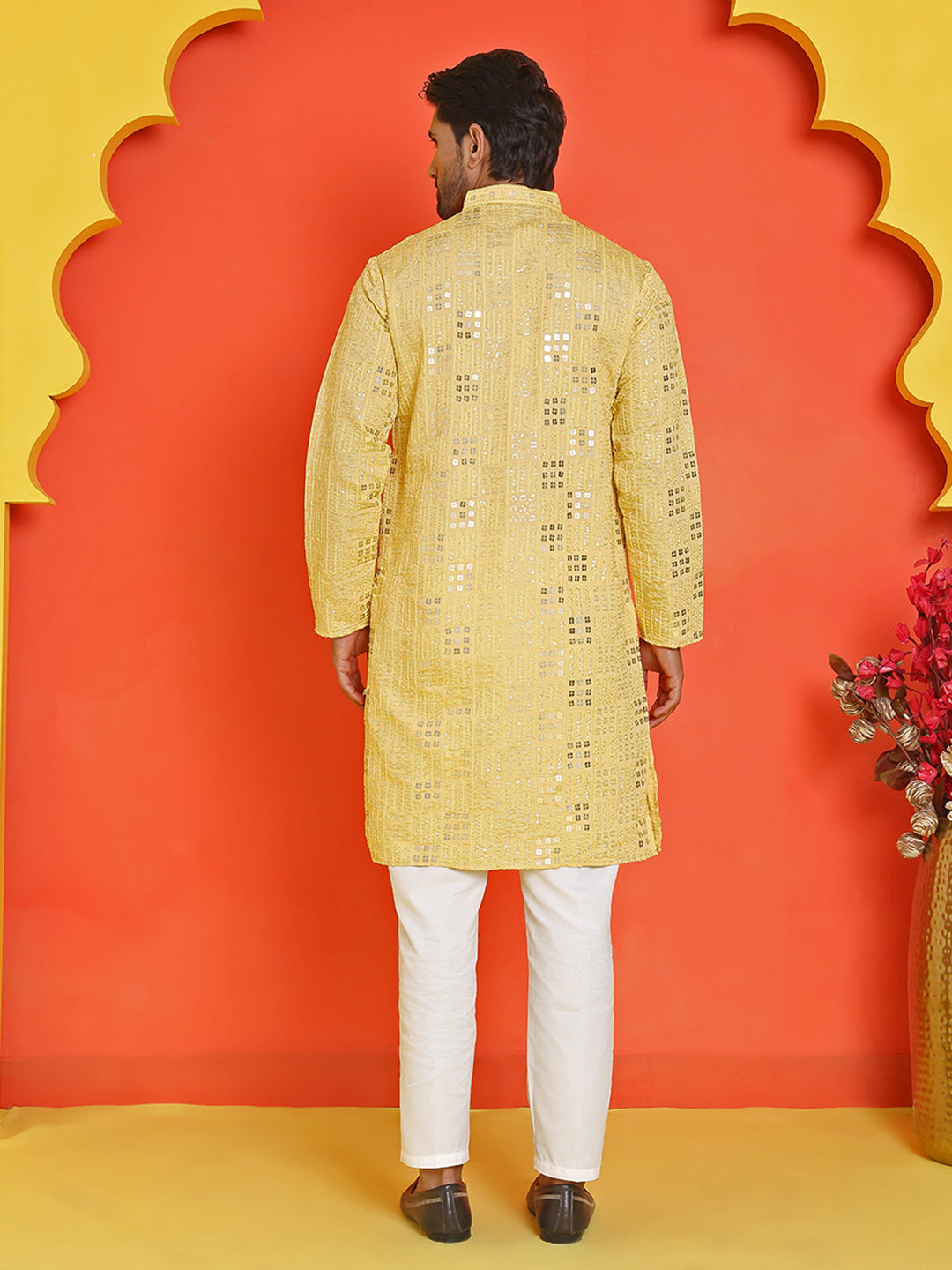 Embroidered & Sequins Kurta Pyjama ( JOKP P 5233 Yellow )