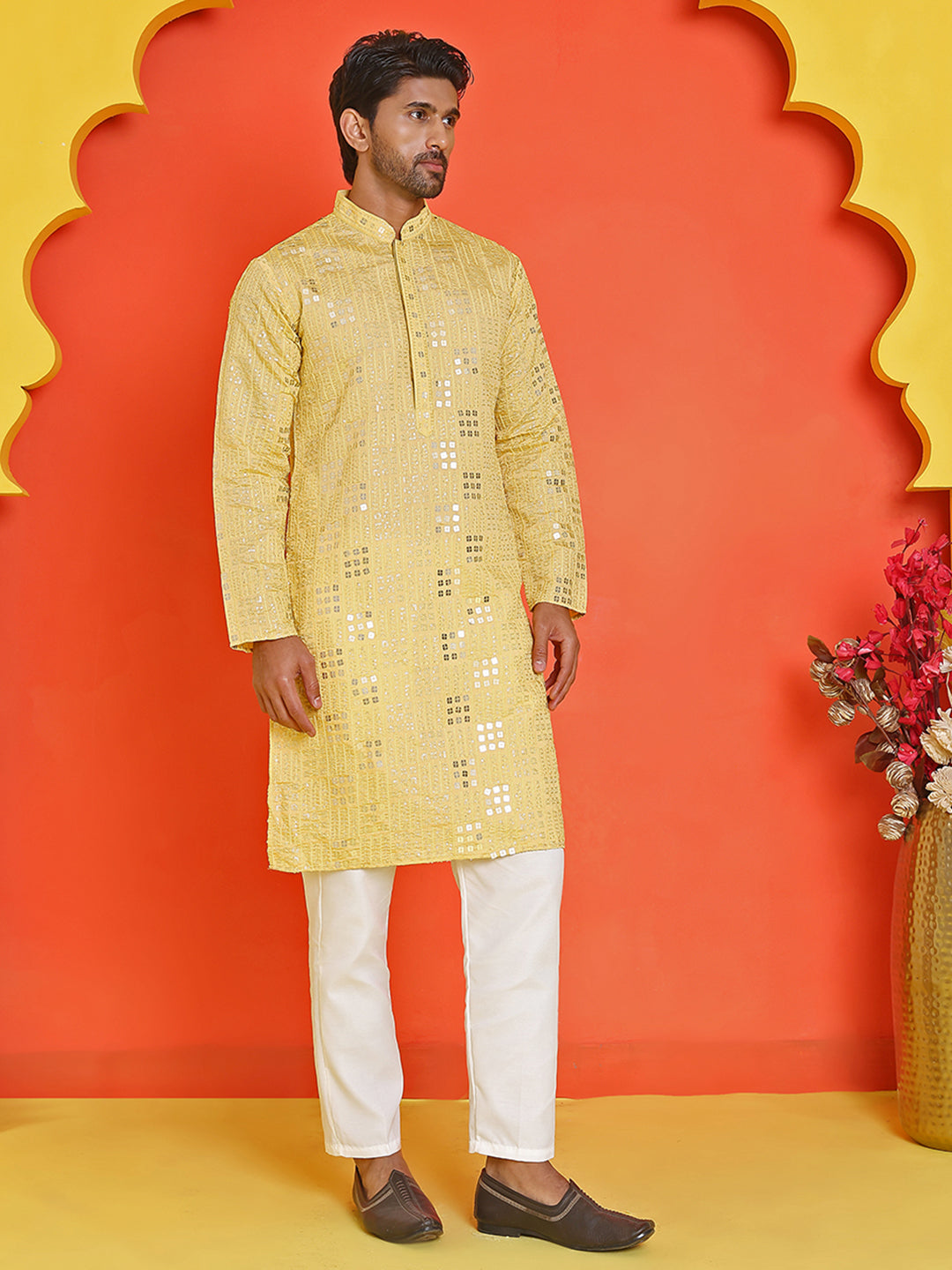 Embroidered & Sequins Kurta Pyjama ( JOKP P 5233 Yellow )