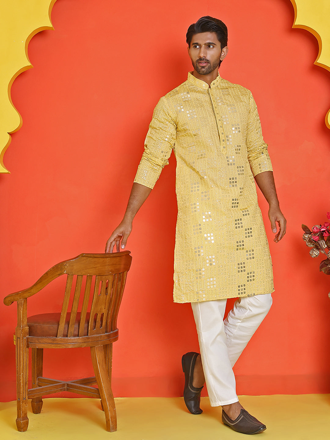 Embroidered & Sequins Kurta Pyjama ( JOKP P 5233 Yellow )