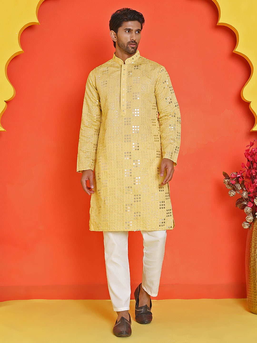 Embroidered & Sequins Kurta Pyjama ( JOKP P 5233 Yellow )