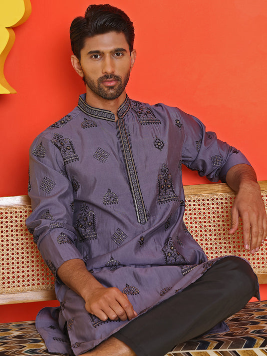 Embroidered Silk Blend Kurta Pyjama Set ( JOKP B-P 5234 Purple )