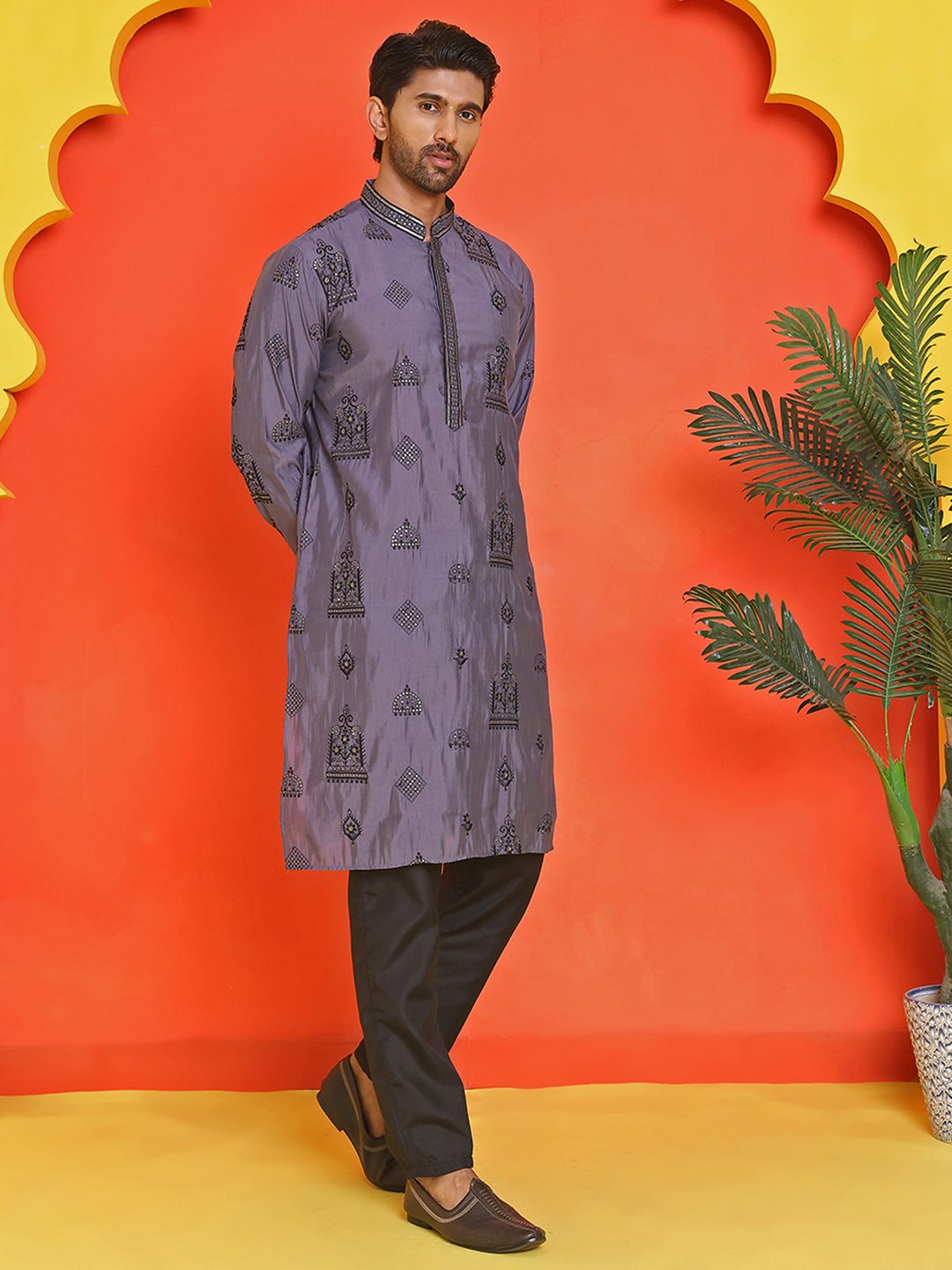 Embroidered Silk Blend Kurta Pyjama Set ( JOKP B-P 5234 Purple )