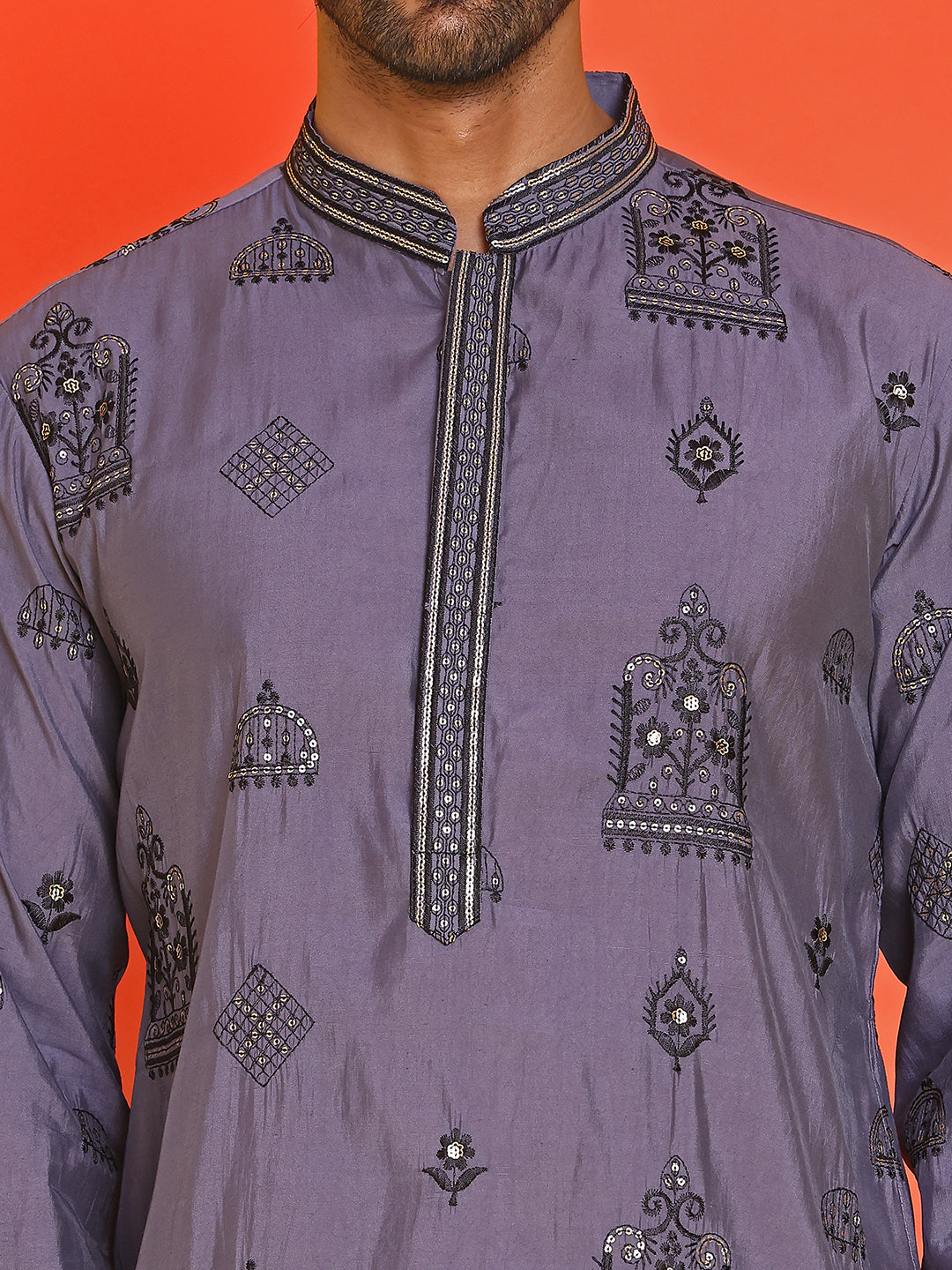 Embroidered Silk Blend Kurta Pyjama Set ( JOKP B-P 5234 Purple )