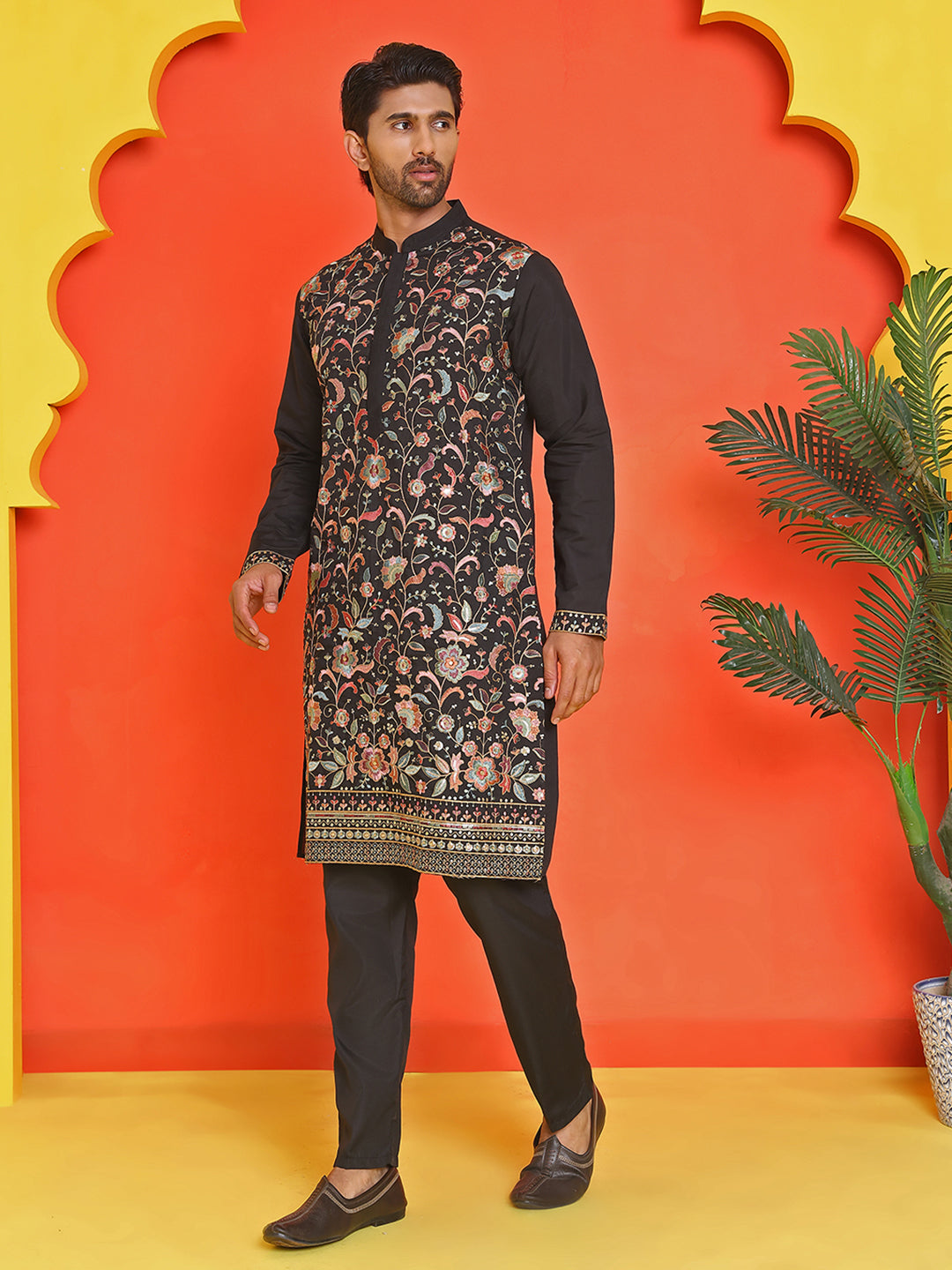 Floral Embroidered Straight Kurta Set ( JOKP B-P 5235 Black )