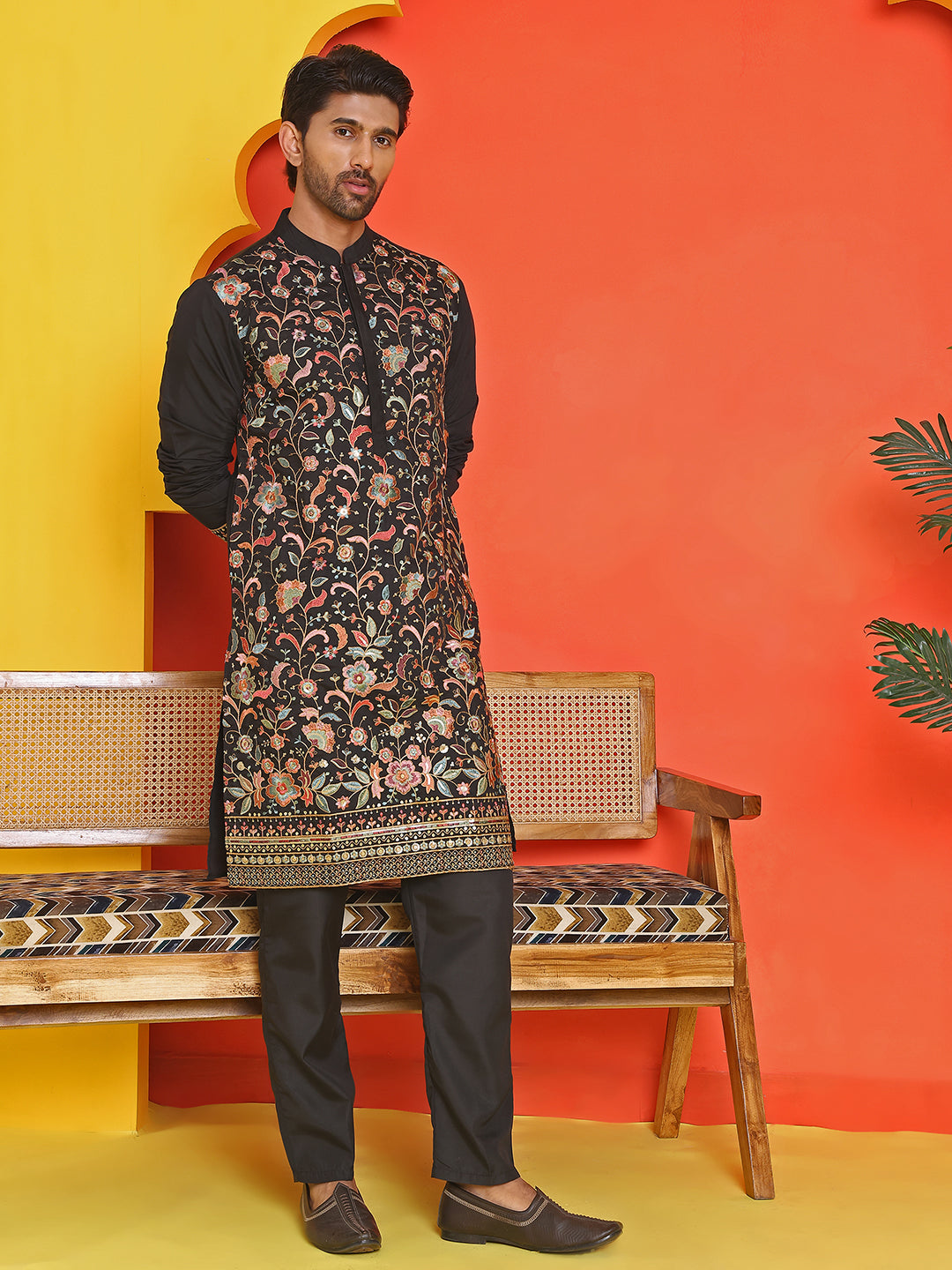 Floral Embroidered Straight Kurta Set ( JOKP B-P 5235 Black )