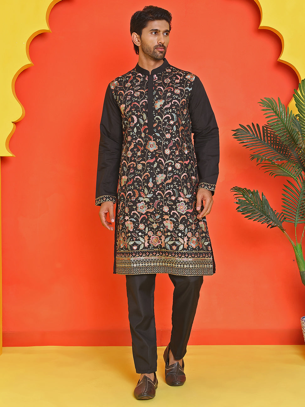 Floral Embroidered Straight Kurta Set ( JOKP B-P 5235 Black )