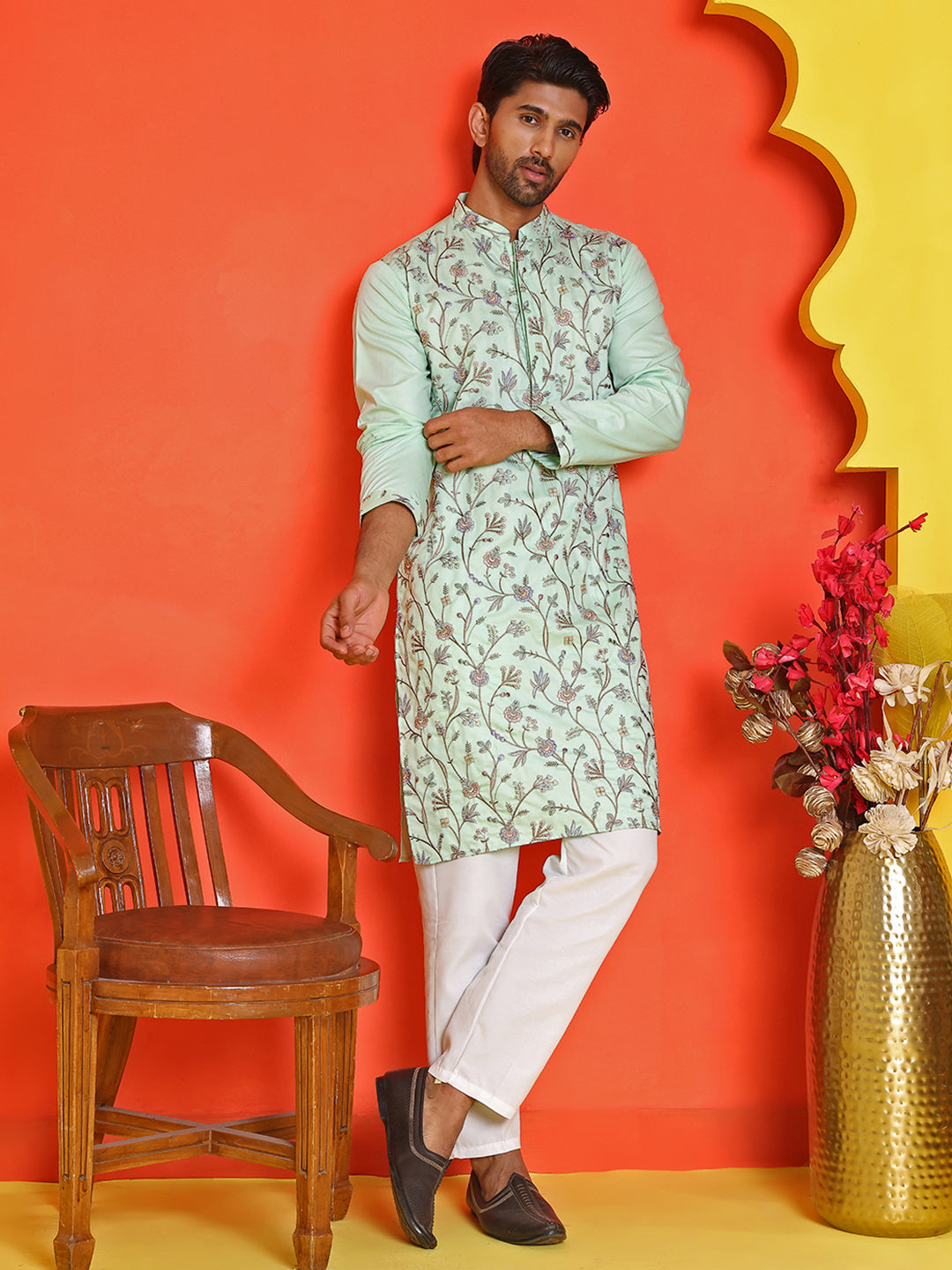 Floral Embroidered Straight Kurta Set ( JOKP P 5236 Sky )