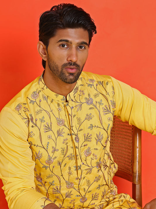 Floral Embroidered Straight Kurta Set ( JOKP P 5236 Yellow )