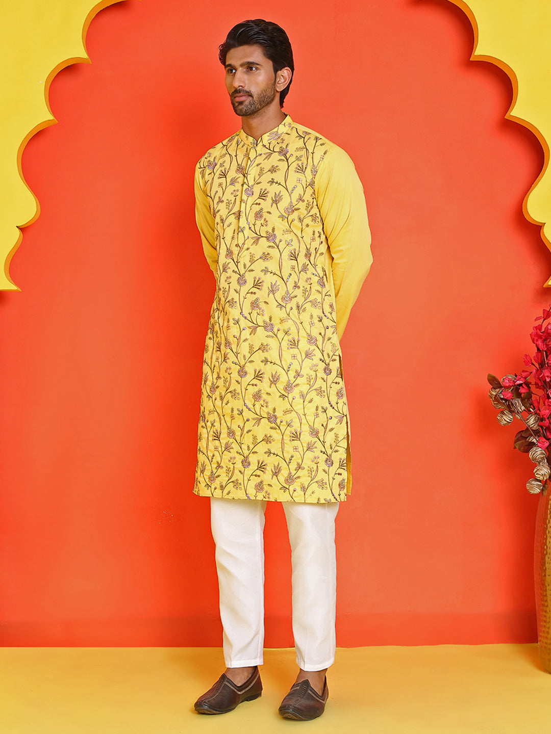 Floral Embroidered Straight Kurta Set ( JOKP P 5236 Yellow )