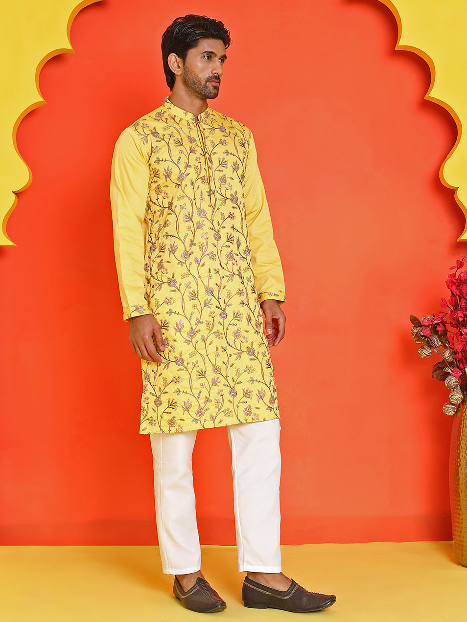 Floral Embroidered Straight Kurta Set ( JOKP P 5236 Yellow )