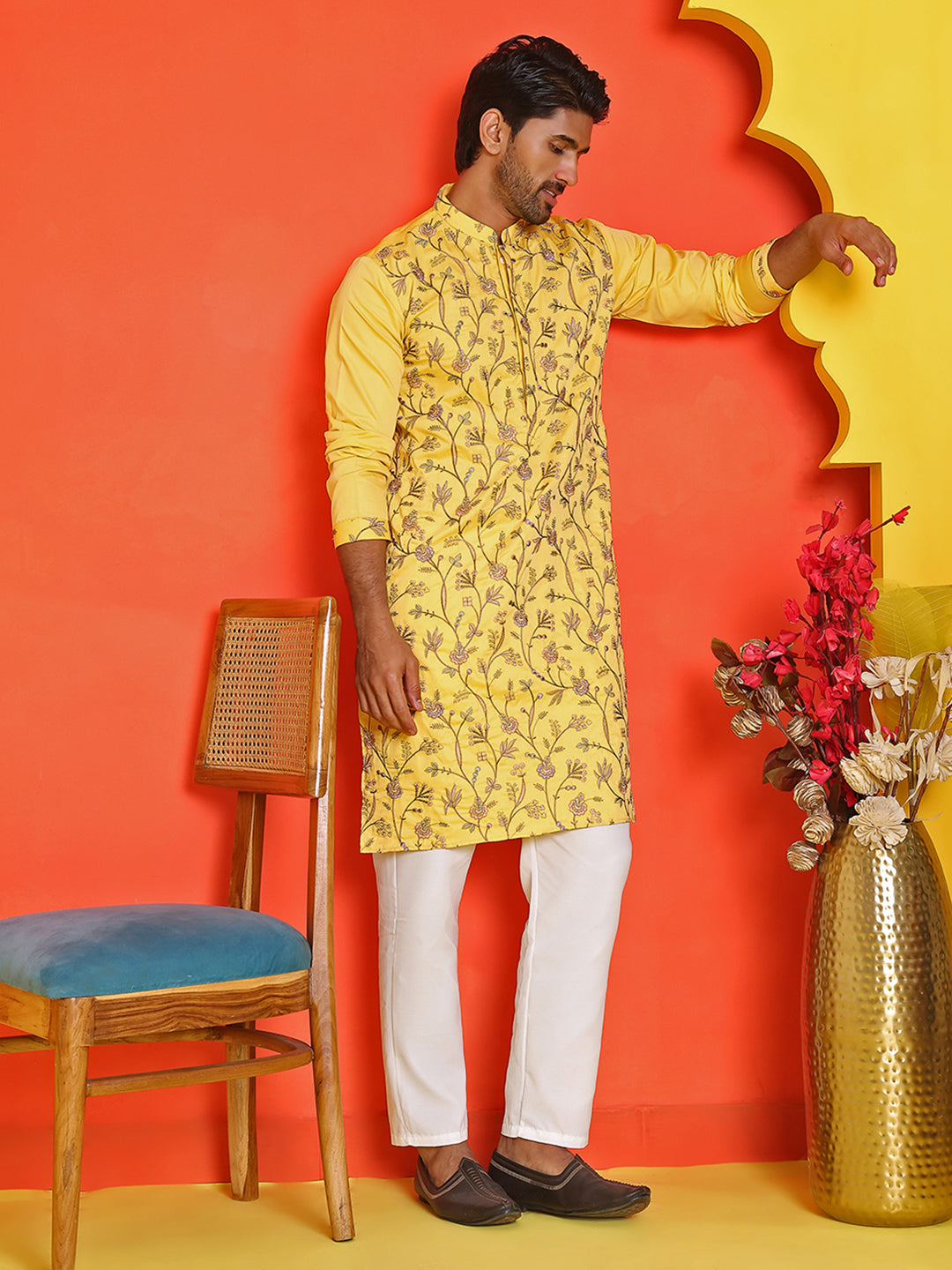 Floral Embroidered Straight Kurta Set ( JOKP P 5236 Yellow )