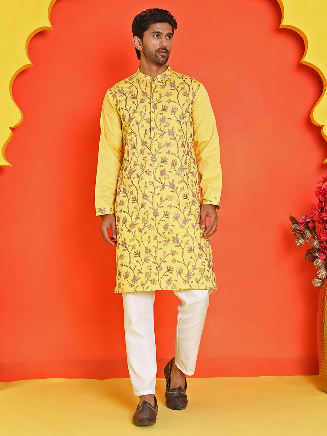 Floral Embroidered Straight Kurta Set ( JOKP P 5236 Yellow )