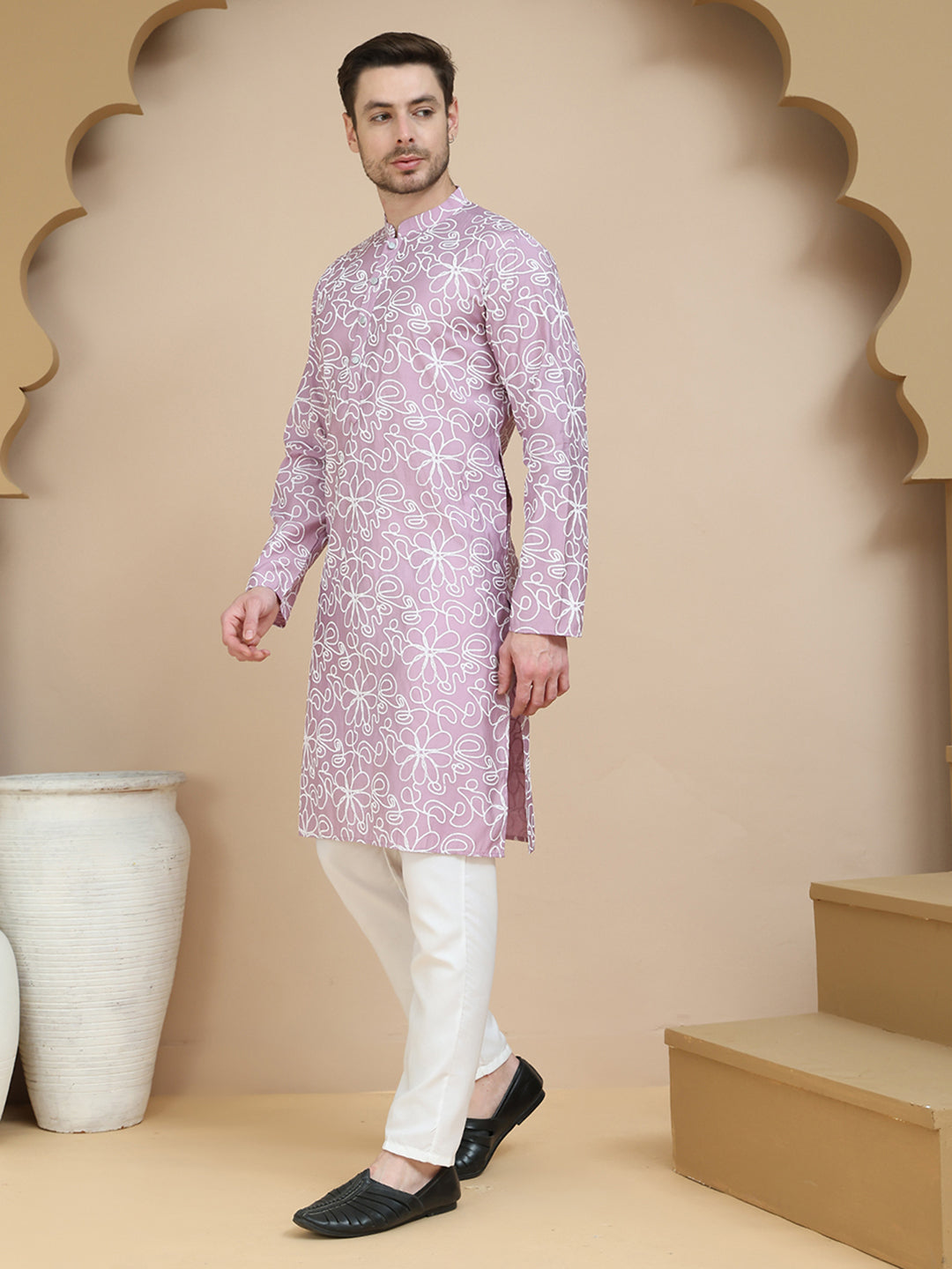 Floral Printed Kurta Pyjama for Men ( JOKP P 5237 Magenta )