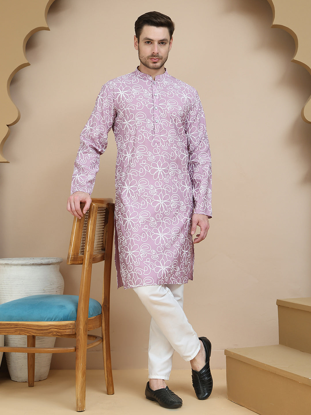 Floral Printed Kurta Pyjama for Men ( JOKP P 5237 Magenta )
