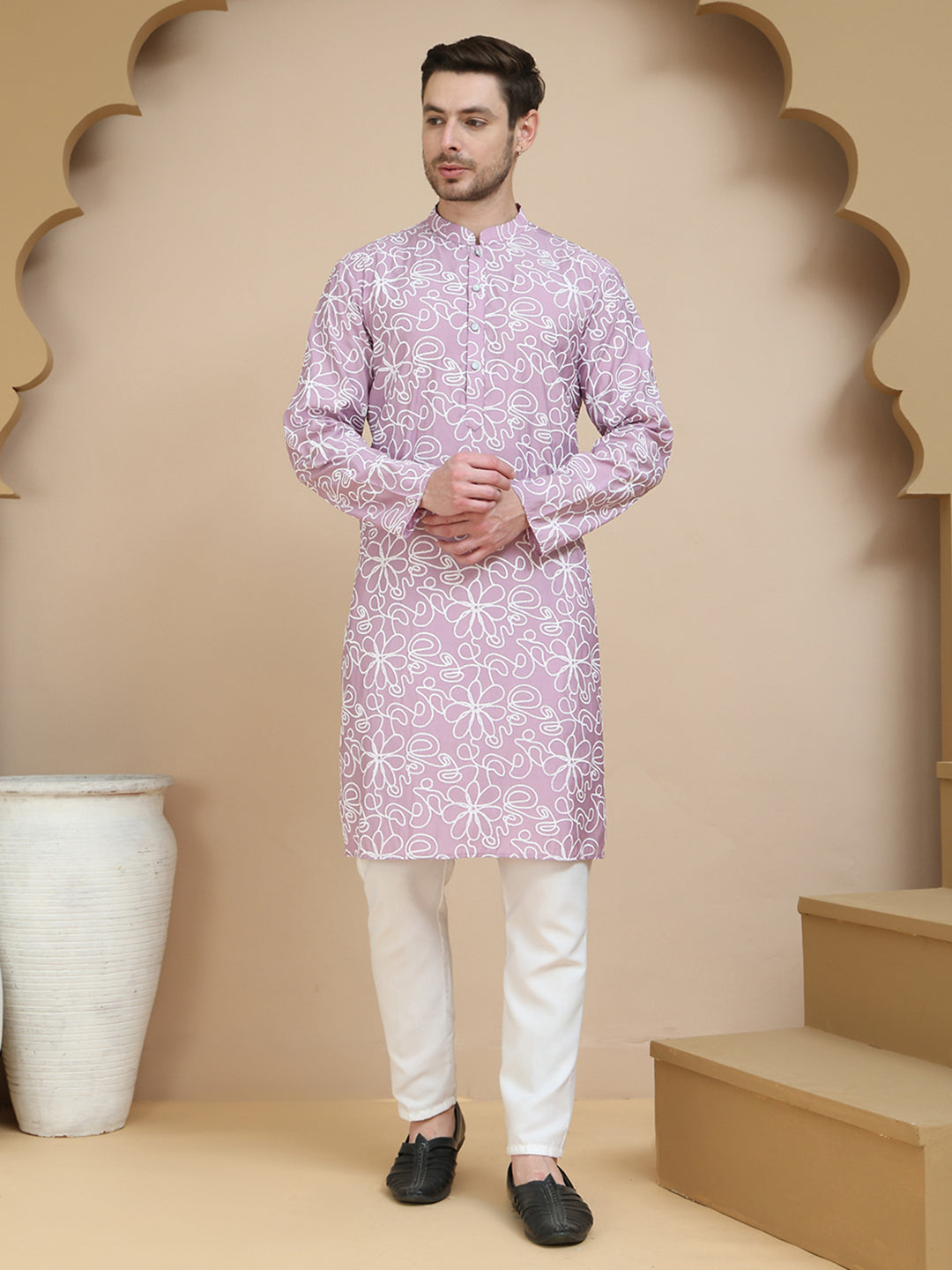 Floral Printed Kurta Pyjama for Men ( JOKP P 5237 Magenta )