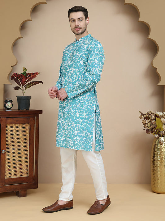 Floral Printed Kurta Pyjama for Men ( JOKP P 5237 Sky )