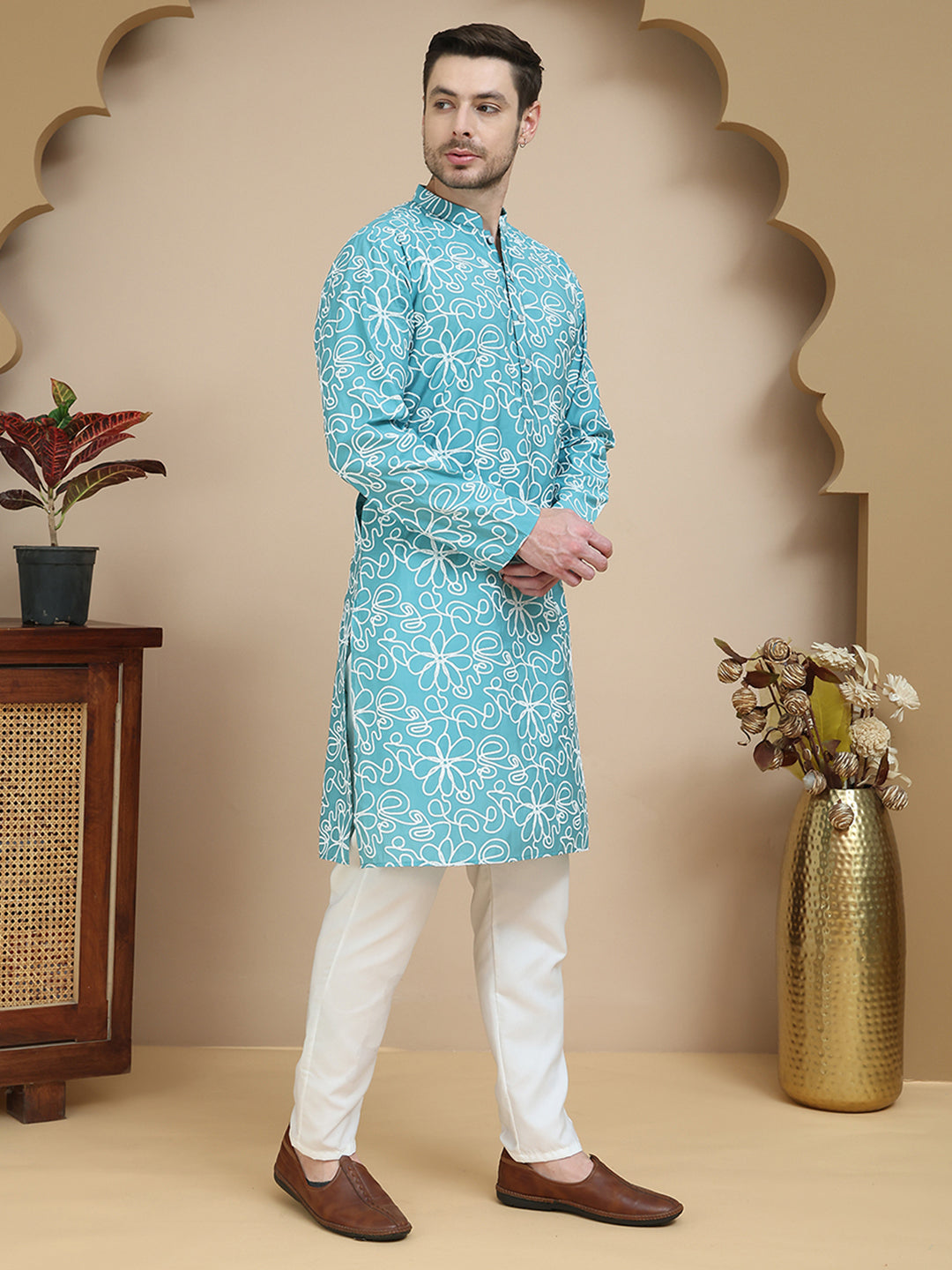 Floral Printed Kurta Pyjama for Men ( JOKP P 5237 Sky )