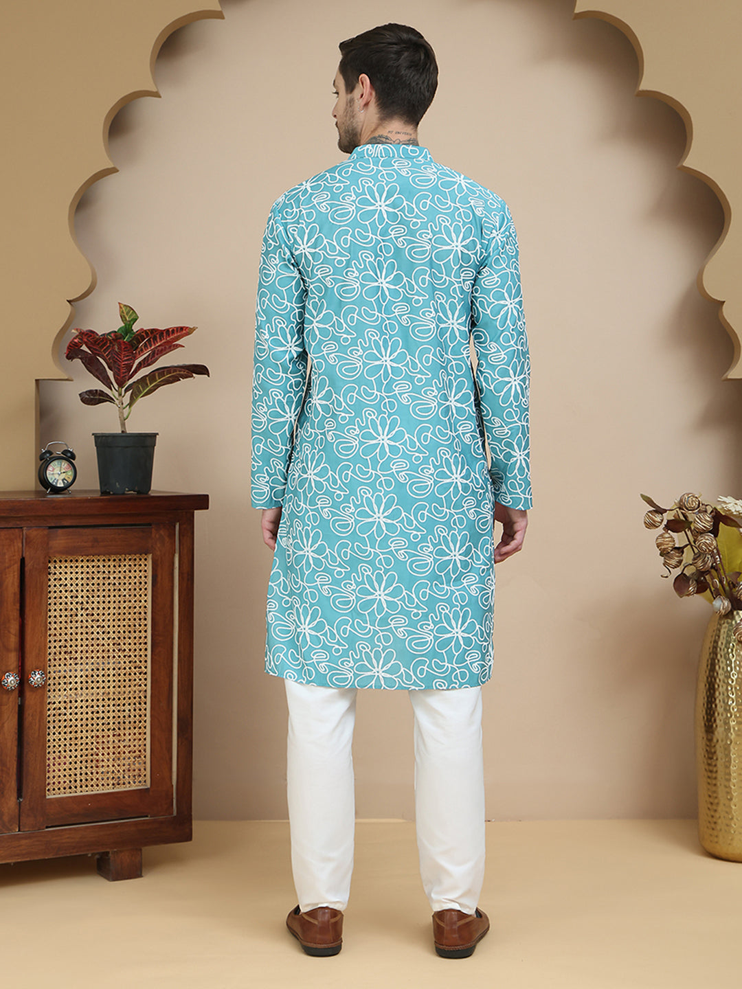 Floral Printed Kurta Pyjama for Men ( JOKP P 5237 Sky )