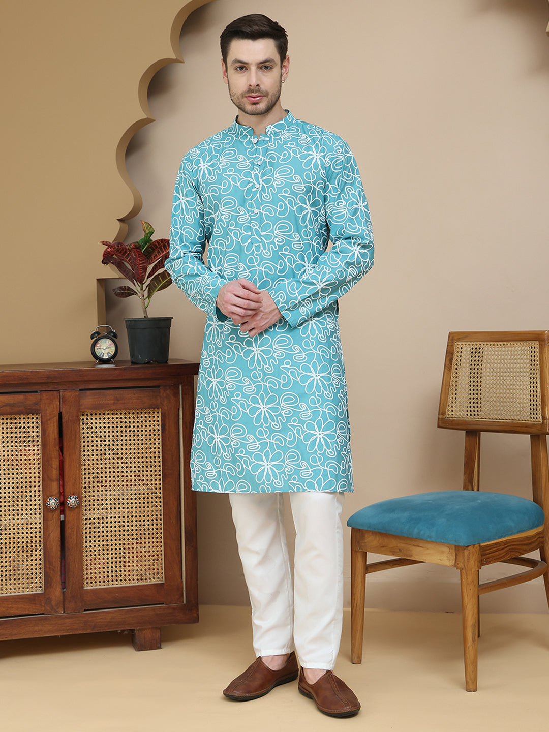 Floral Printed Kurta Pyjama for Men ( JOKP P 5237 Sky )