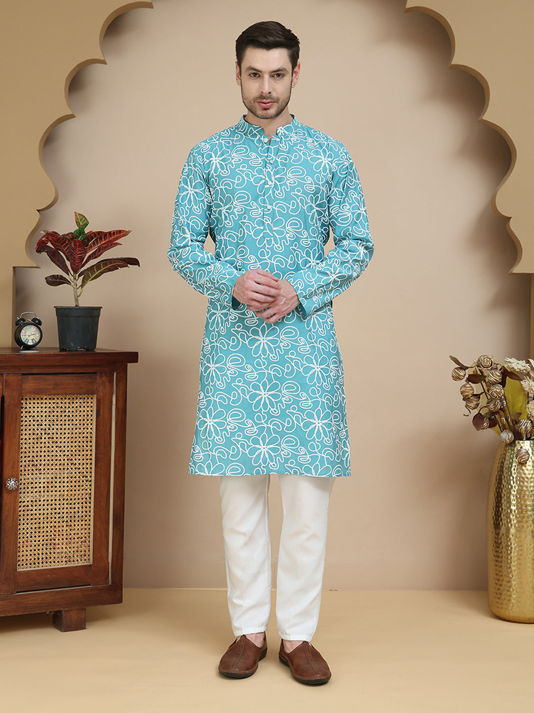 Floral Printed Kurta Pyjama for Men ( JOKP P 5237 Sky )