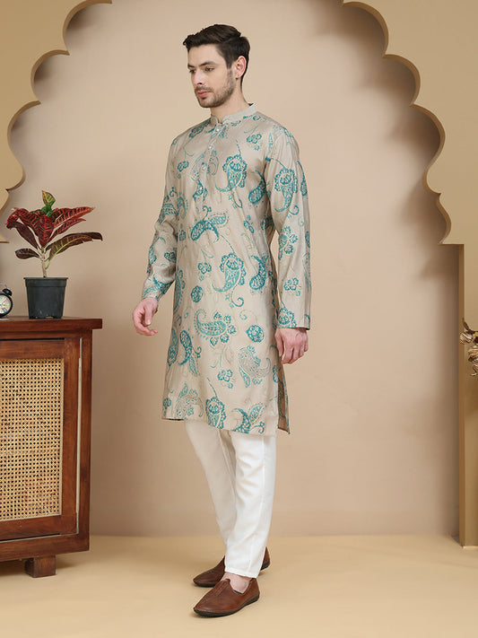 Stylish Beige Kurta Set with Artistic Teal Paisley Print ( JOKP P 5242 Beige )