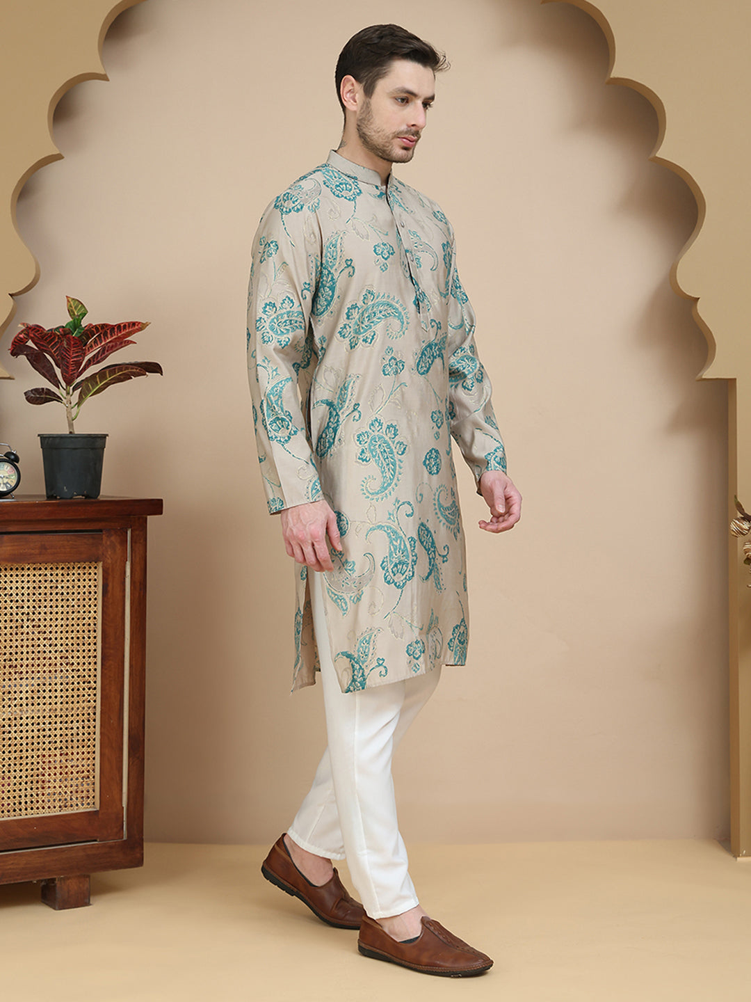 Stylish Beige Kurta Set with Artistic Teal Paisley Print ( JOKP P 5242 Beige )