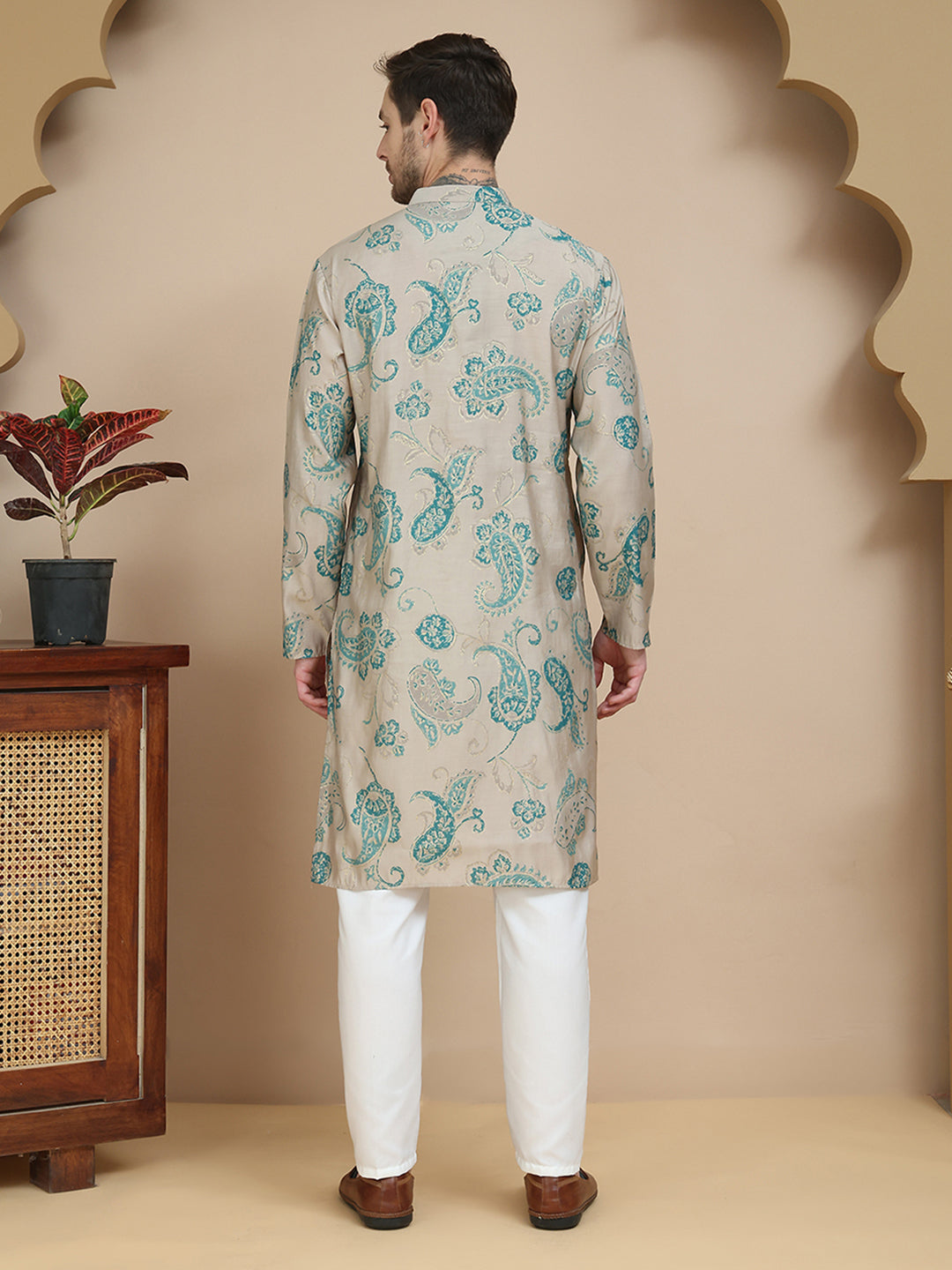 Stylish Beige Kurta Set with Artistic Teal Paisley Print ( JOKP P 5242 Beige )