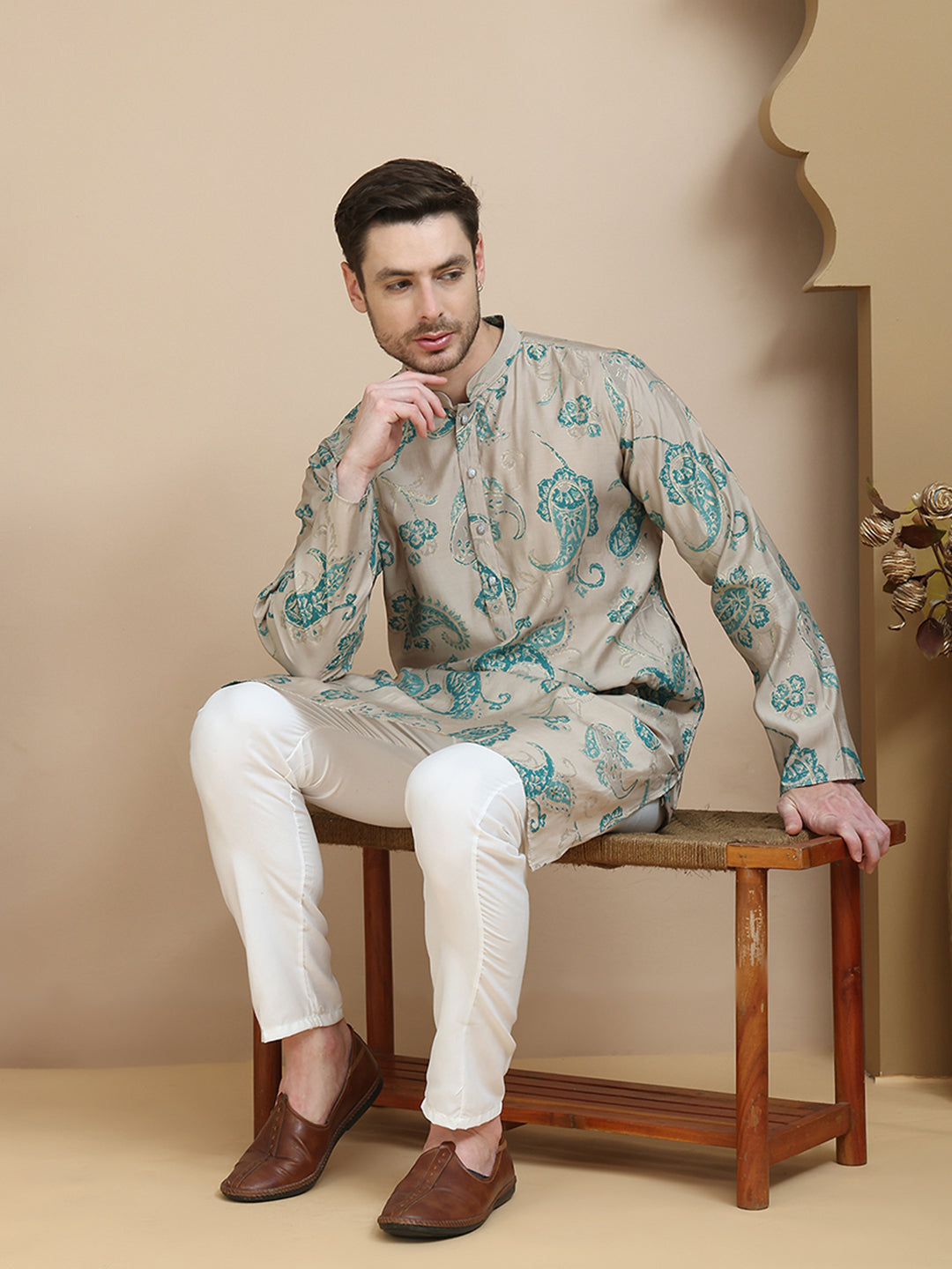 Stylish Beige Kurta Set with Artistic Teal Paisley Print ( JOKP P 5242 Beige )