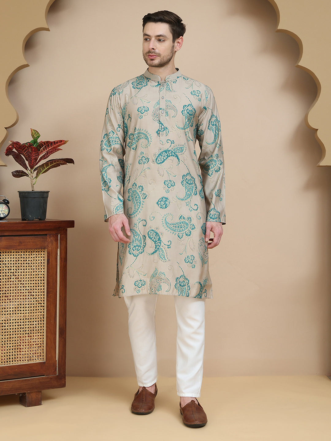 Stylish Beige Kurta Set with Artistic Teal Paisley Print ( JOKP P 5242 Beige )