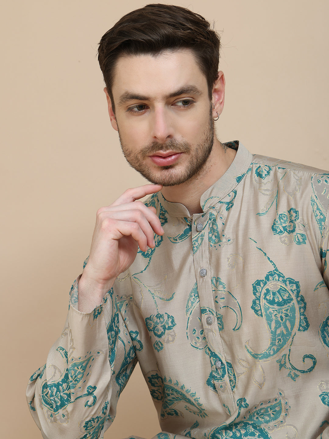 Stylish Beige Kurta Set with Artistic Teal Paisley Print ( JOKP P 5242 Beige )