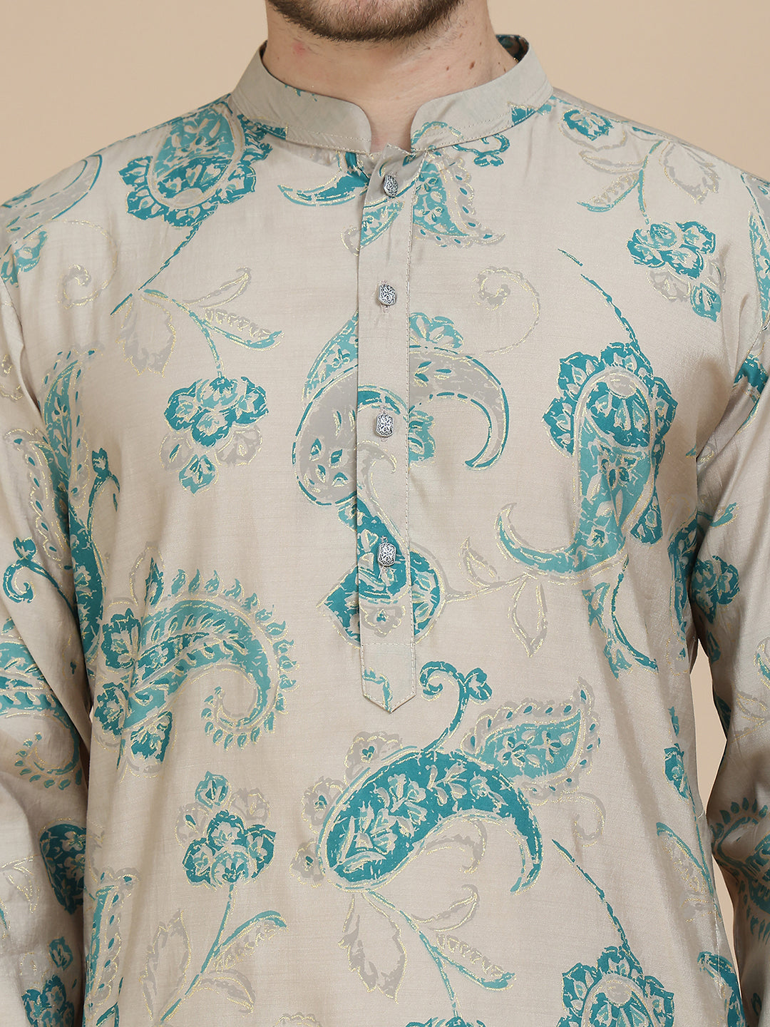 Stylish Beige Kurta Set with Artistic Teal Paisley Print ( JOKP P 5242 Beige )