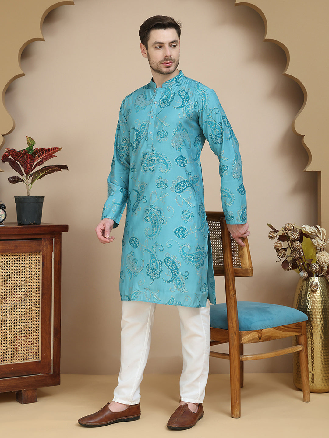 Stylish Blue Kurta Set with Artistic Teal Paisley Print ( JOKP P 5242 Blue )