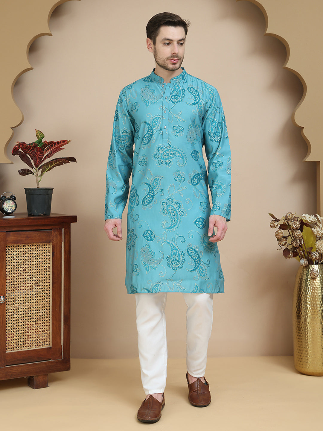 Stylish Blue Kurta Set with Artistic Teal Paisley Print ( JOKP P 5242 Blue )