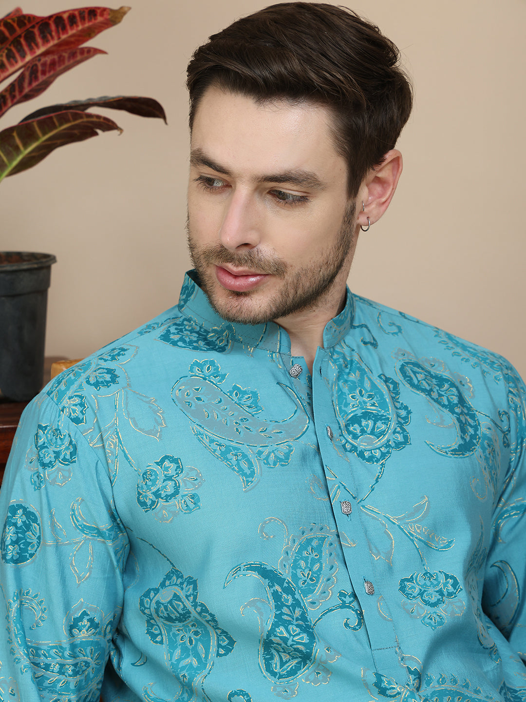 Stylish Blue Kurta Set with Artistic Teal Paisley Print ( JOKP P 5242 Blue )