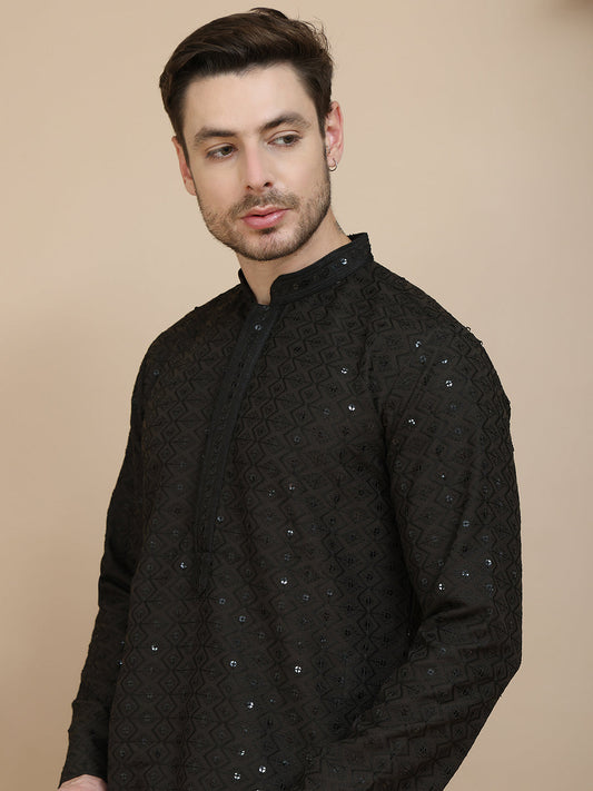 Embroidered Cotton Kurta With Pyjama for Men ( JOKP P 5244 Black )