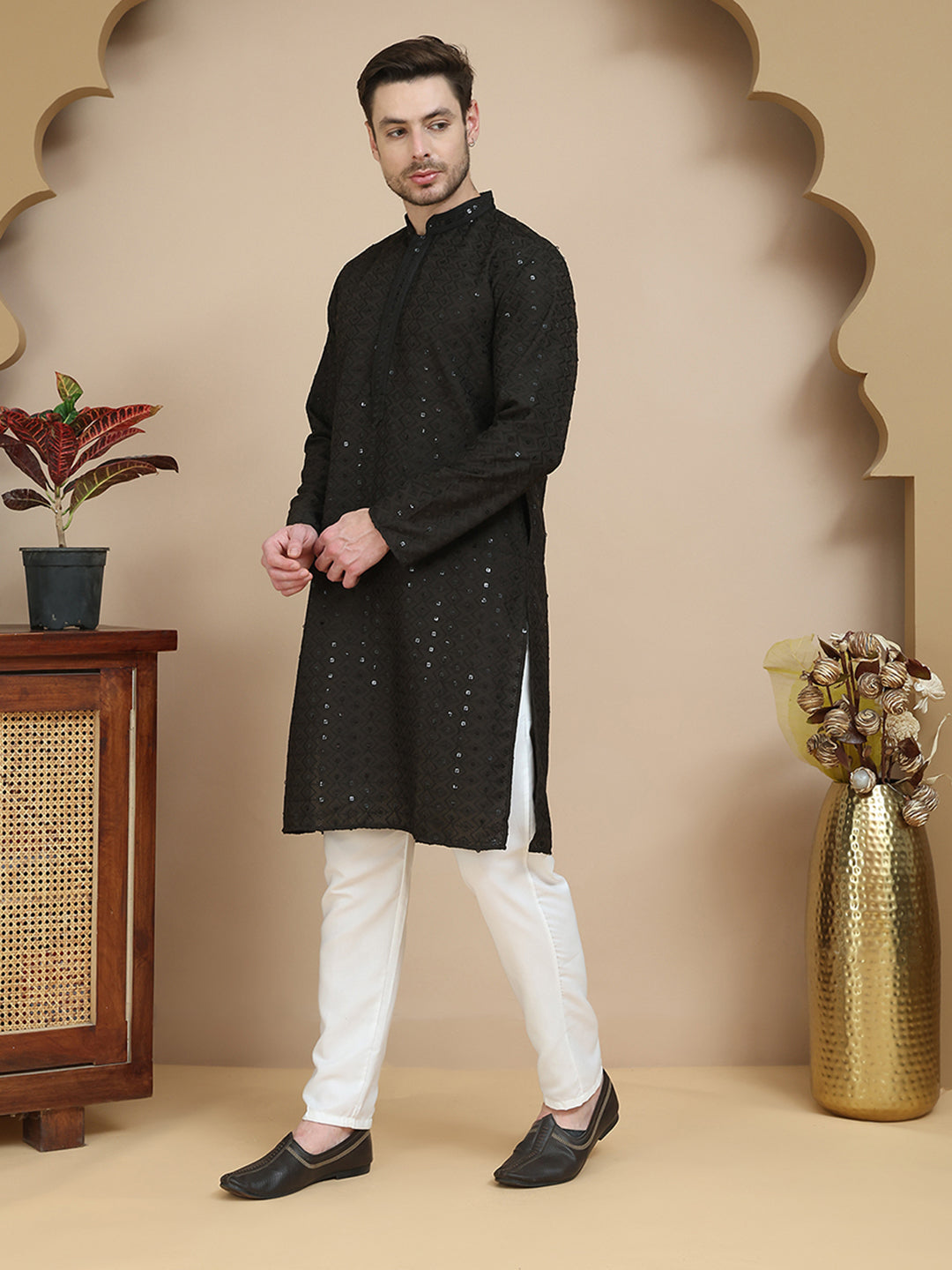 Embroidered Cotton Kurta With Pyjama for Men ( JOKP P 5244 Black )