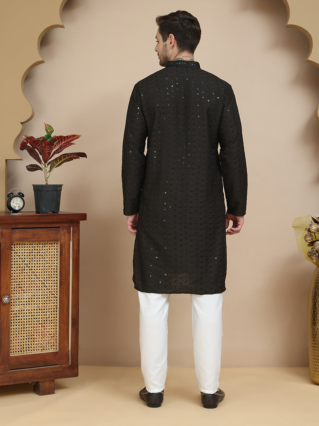 Embroidered Cotton Kurta With Pyjama for Men ( JOKP P 5244 Black )