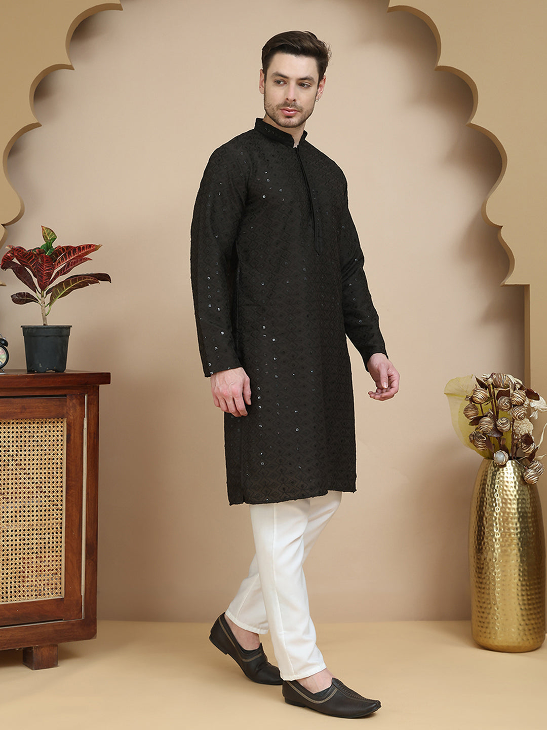 Embroidered Cotton Kurta With Pyjama for Men ( JOKP P 5244 Black )