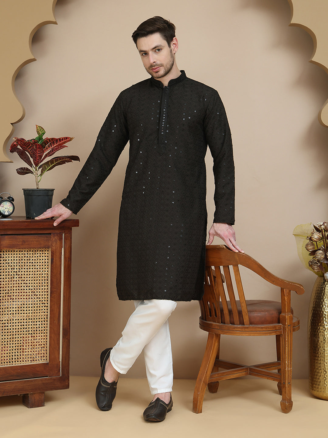 Embroidered Cotton Kurta With Pyjama for Men ( JOKP P 5244 Black )