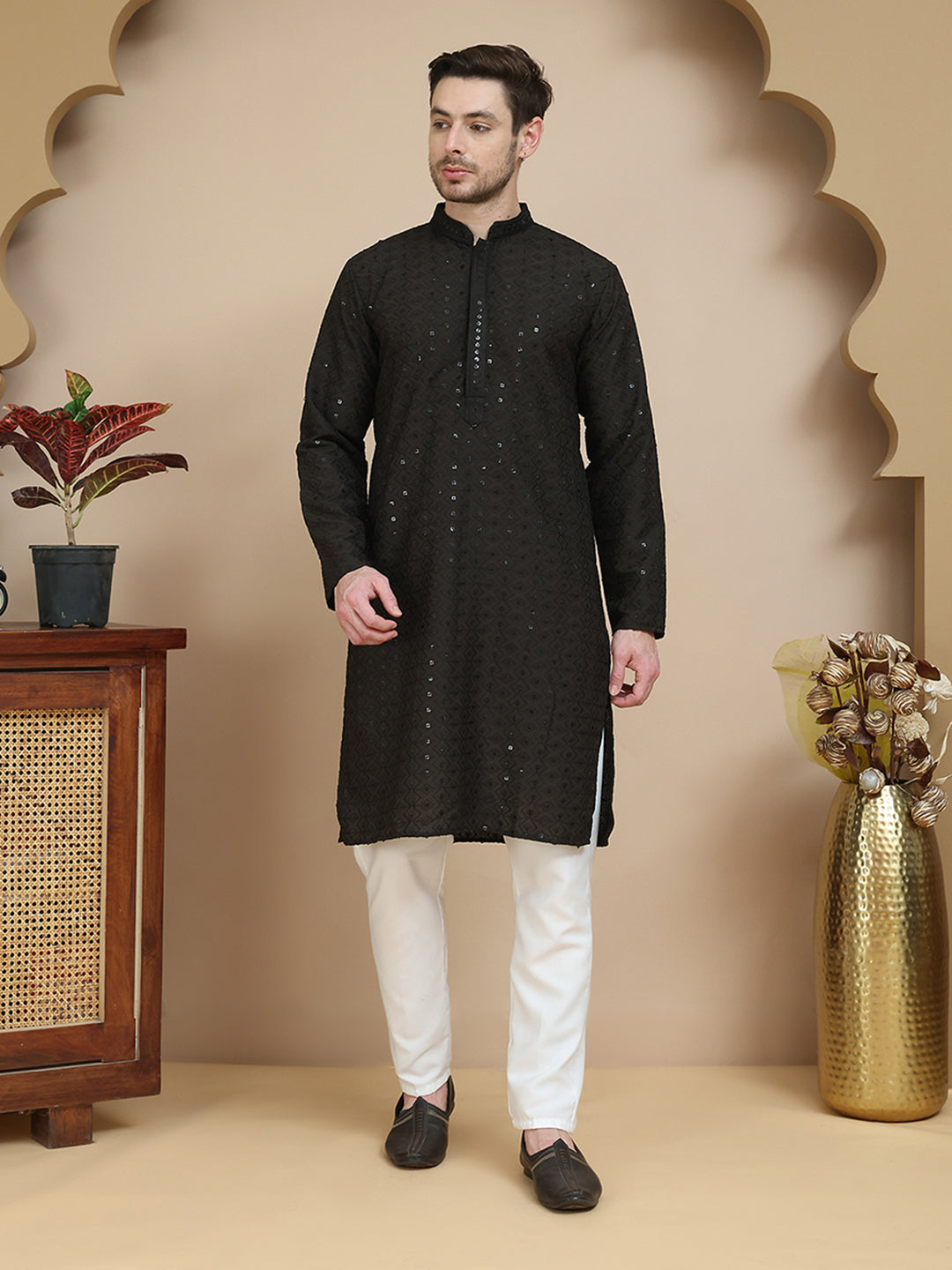 Embroidered Cotton Kurta With Pyjama for Men ( JOKP P 5244 Black )