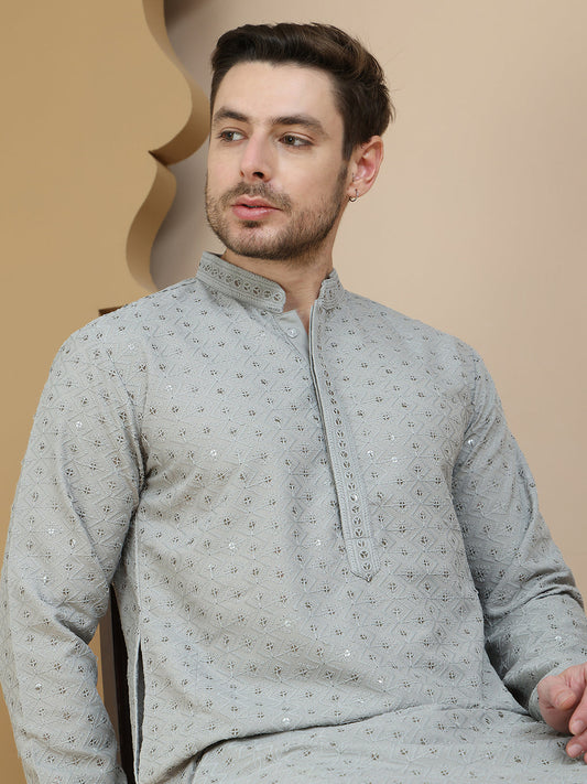 Embroidered Cotton Kurta With Pyjama for Men ( JOKP P 5244 Grey )